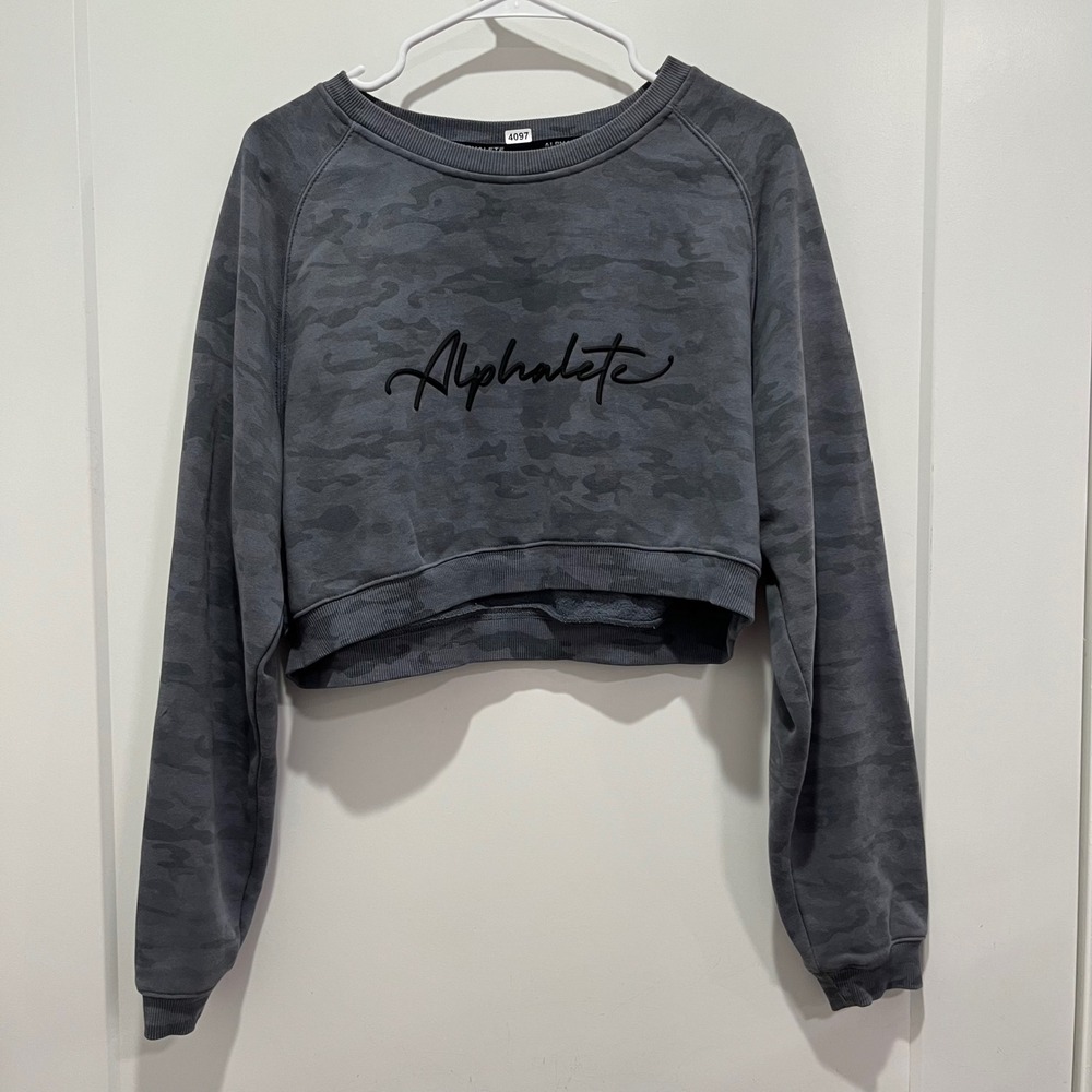 Alphalete Womens Grey Camo Cropped Sweatshirt Script Logo Activewear Large